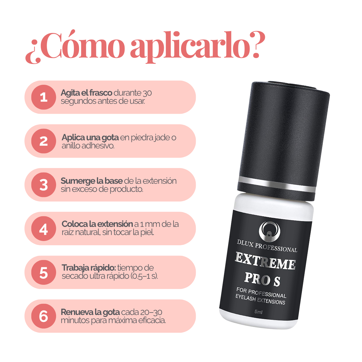 Adhesivo DLUX Pro Care profesional secado 2‑4 s retención 5‑6 semanas ingredientes seguros Ethyl Cyanoacrylate Polymethylmethacrylate
