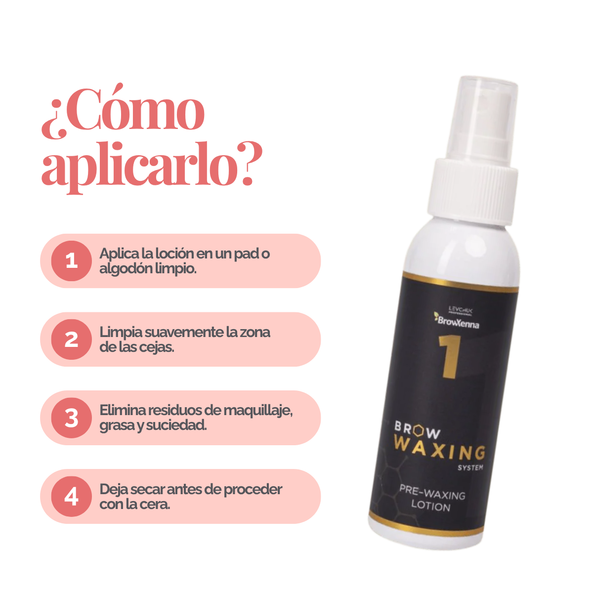 Frasco de BrowXenna Pre‑Waxing Lotion #1 (100 ml), loción preparadora profesional con aloe y mentol, idéntica al primer paso en el protocolo SPA para depilación de cejas.