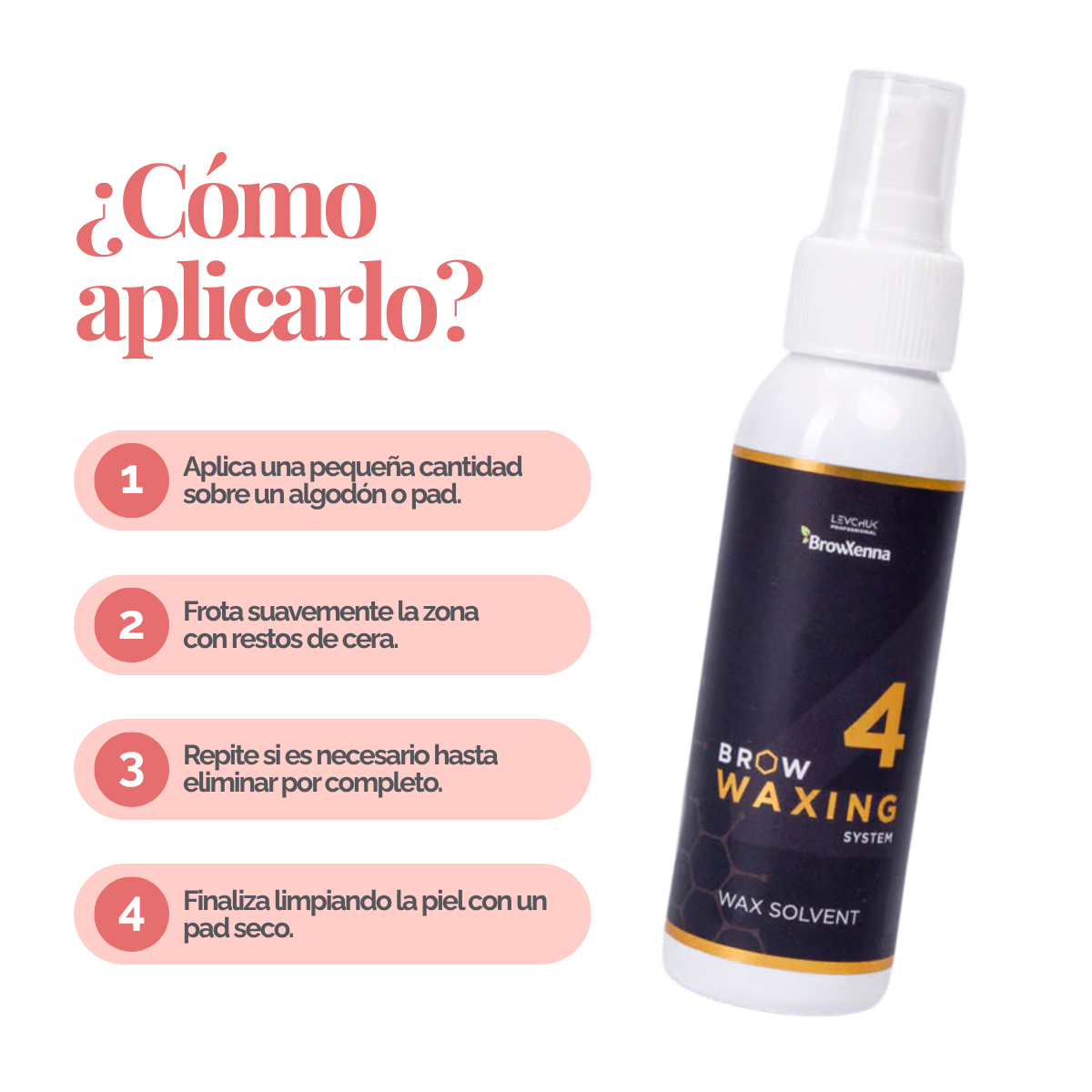 Frasco de 100 ml de solvente BrowXenna Wax Solvent #4, solución rápida para eliminar residuos de cera sólida tras la depilación, ideal para acabados impecables en estudios profesionales.