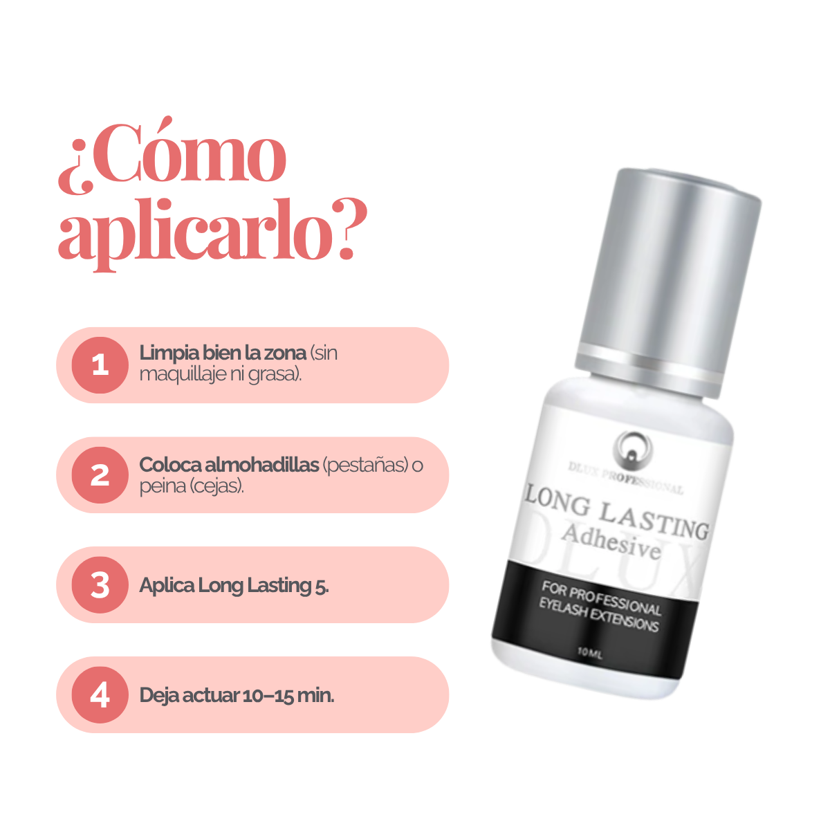 Adhesivo Long Lasting Dlux Pro 5 ml – pegamento profesional para extensiones de pestañas, secado rápido y retención prolongada sin irritación.