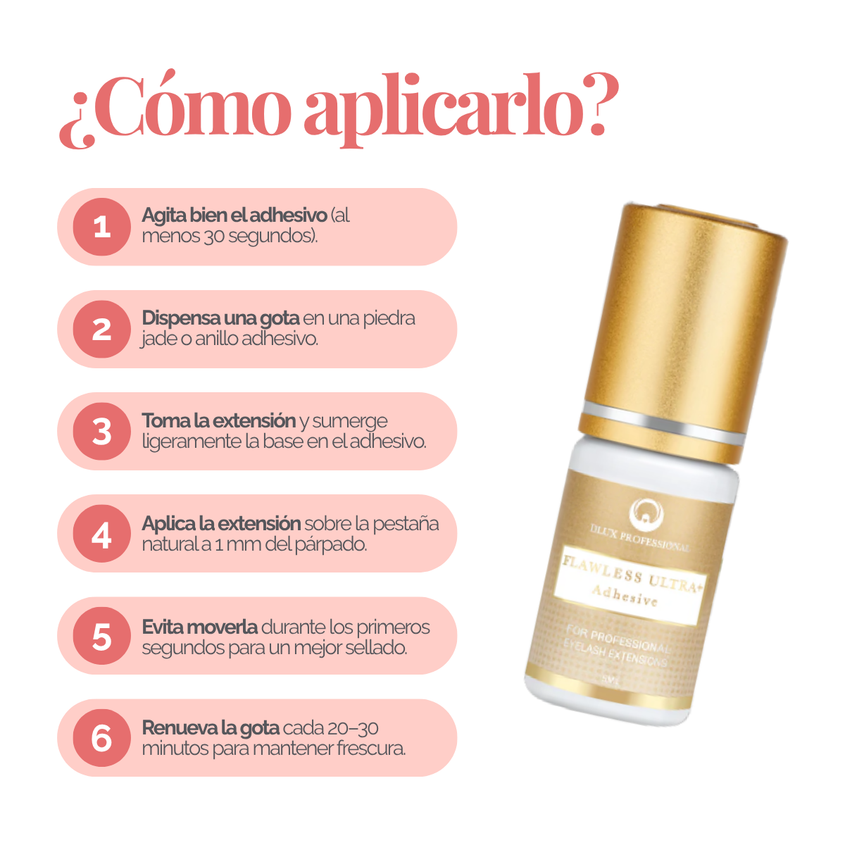Adhesivo Flawless Ultra+ DLUX profesional secado‑rápido 1 seg retención 8‑9 semanas