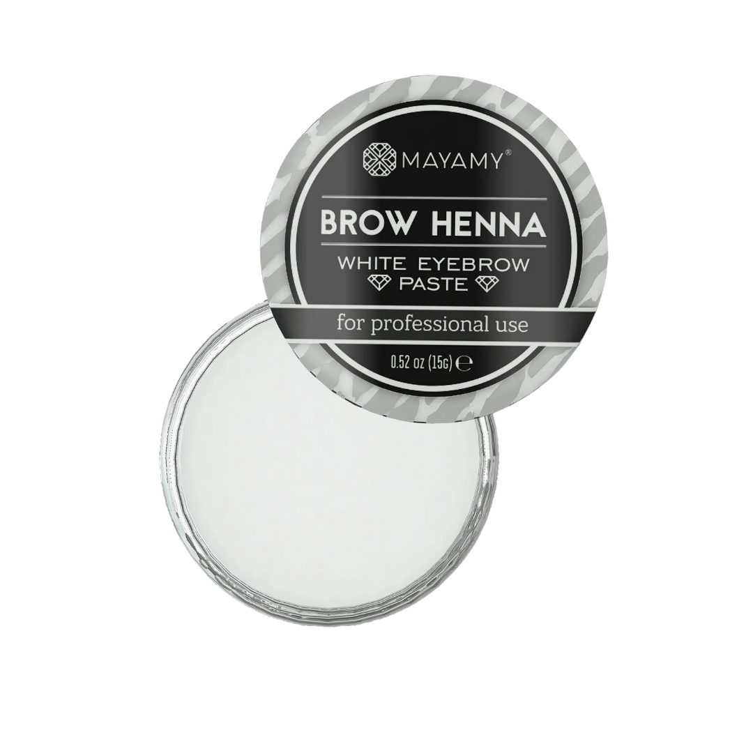 Mayamy White Eyebrow Paste, pasta blanca profesional para diseño de cejas. Ayuda a definir el contorno y protege la piel durante la aplicación de henna o tinte. Fórmula suave y cremosa, ideal para profesionales de belleza y uso en casa