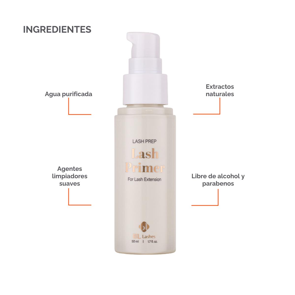Lash Primer profesional BL Lashes 50 ml para extensiones – limpiador pretratamiento para mejorar adhesión y durabilidad en servicios de pestañas
