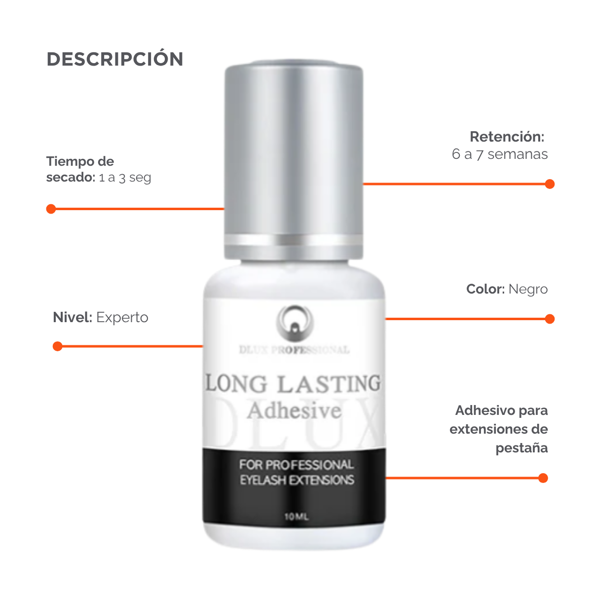 Adhesivo Long Lasting Dlux Pro 5 ml – pegamento profesional para extensiones de pestañas, secado rápido y retención prolongada sin irritación.