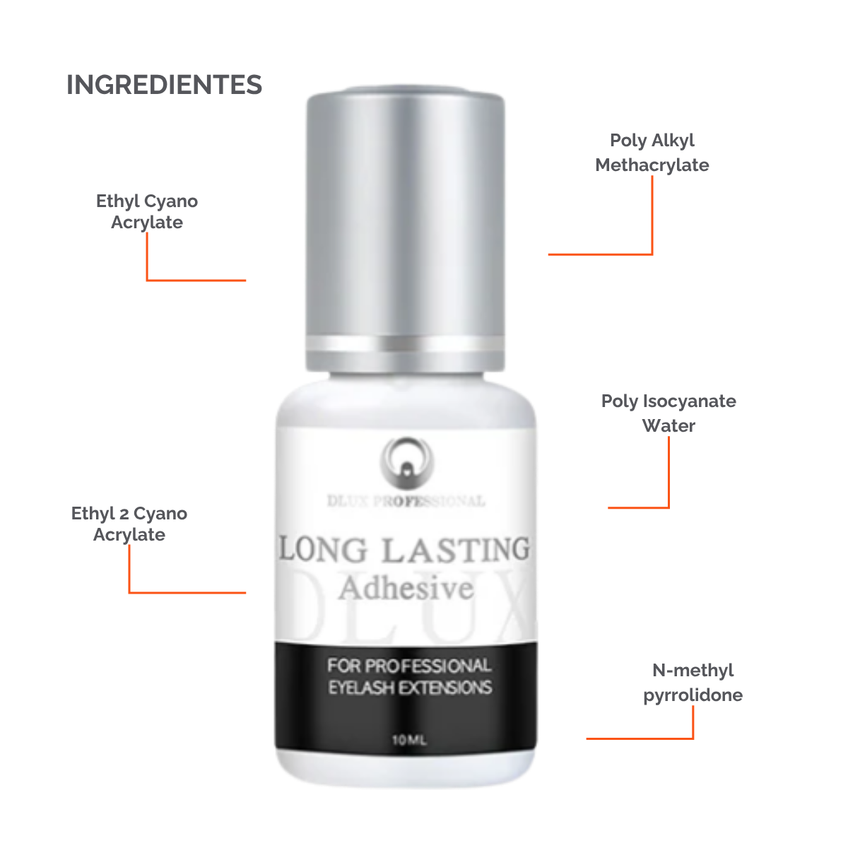 Adhesivo Long Lasting Dlux Pro 5 ml – pegamento profesional para extensiones de pestañas, secado rápido y retención prolongada sin irritación.