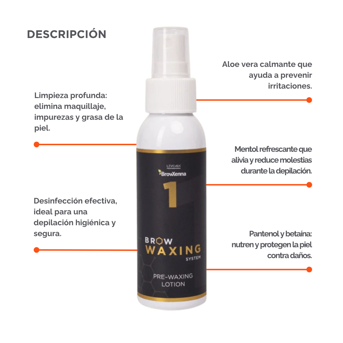 Frasco de BrowXenna Pre‑Waxing Lotion #1 (100 ml), loción preparadora profesional con aloe y mentol, idéntica al primer paso en el protocolo SPA para depilación de cejas.
