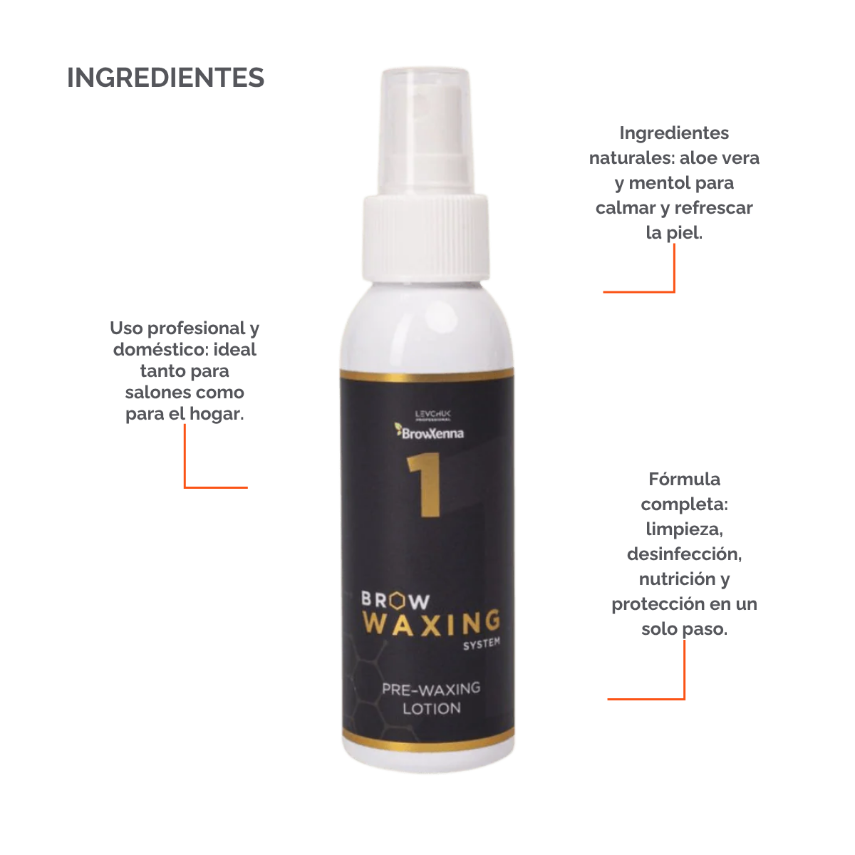 Frasco de BrowXenna Pre‑Waxing Lotion #1 (100 ml), loción preparadora profesional con aloe y mentol, idéntica al primer paso en el protocolo SPA para depilación de cejas.