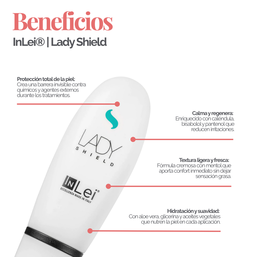 Envase de 50 ml de InLei Lady Shield crema barrera para cejas, diseño elegante, presentación profesional, contorno de ceja protegido con textura ligera