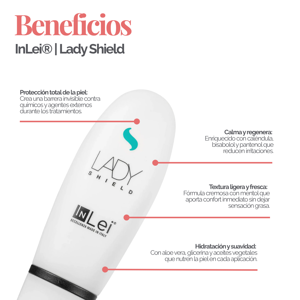 Envase de 50 ml de InLei Lady Shield crema barrera para cejas, diseño elegante, presentación profesional, contorno de ceja protegido con textura ligera