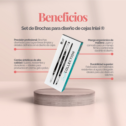 Set profesional InLei Brow Collection de 3 brochas – Rembrandt, Francisco, Michelangelo – diseño italiano, fibras sintéticas, mango de abedul, herramientas premium para cejas