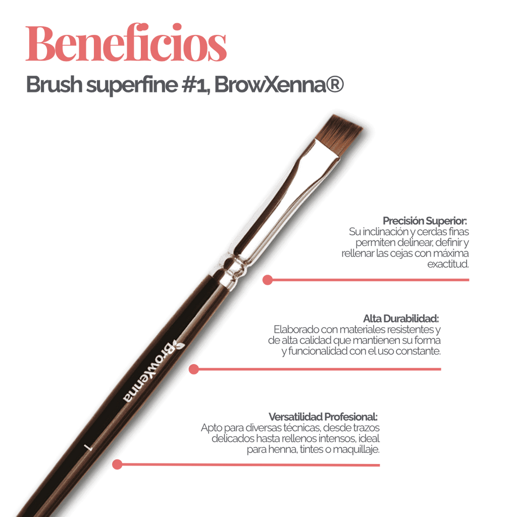 Brush superfine #1, BrowXenna® cerdas ultra finas y mango ergonómico diseñados para aplicación precisa de henna y maquillaje en cejas para técnicos de belleza exigentes.