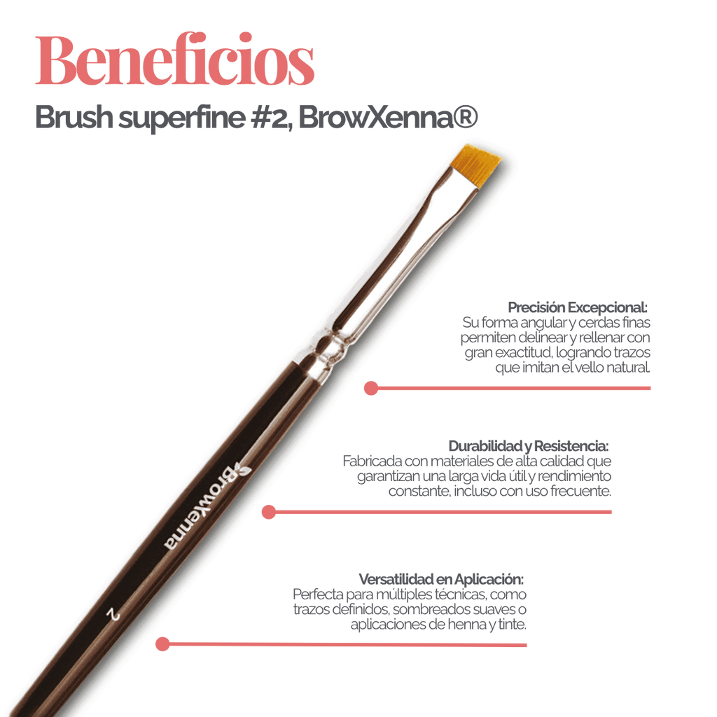 Brush superfine #2, BrowXenna® cerdas ultra finas y mango ergonómico diseñados para aplicación precisa de henna y maquillaje en cejas para técnicos de belleza exigentes.