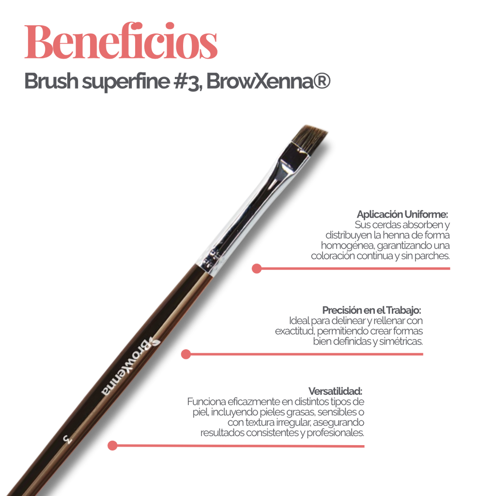 Brush superfine #3, BrowXenna® cerdas ultra finas y mango ergonómico diseñados para aplicación precisa de henna y maquillaje en cejas para técnicos de belleza exigentes.