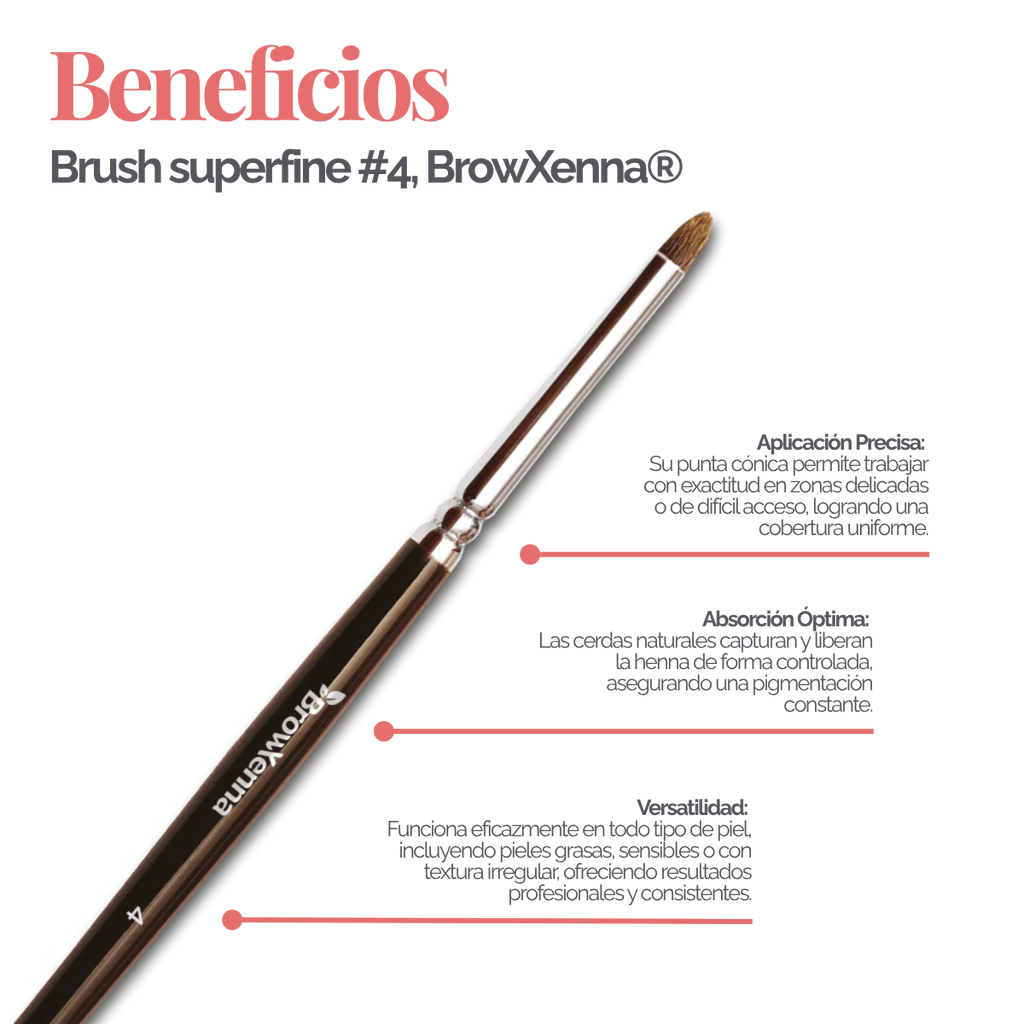 Brush superfine #4, BrowXenna® cerdas ultra finas y mango ergonómico diseñados para aplicación precisa de henna y maquillaje en cejas para técnicos de belleza exigentes.