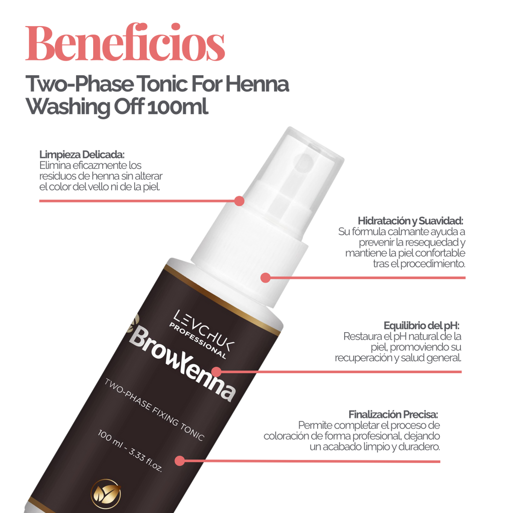 Two Phase Tonic BrowXenna 100 ml-solución bifásica profesional para eliminar henna y tintes de cejas de forma efectiva, suave e hidratante, ideal para preparaciones y correcciones en cabina.