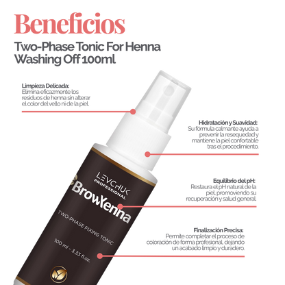 Two Phase Tonic BrowXenna 100 ml-solución bifásica profesional para eliminar henna y tintes de cejas de forma efectiva, suave e hidratante, ideal para preparaciones y correcciones en cabina.