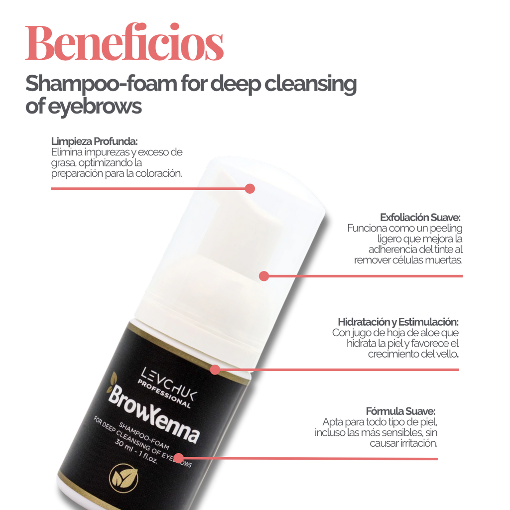 Frasco de BrowXenna Shampoo‑Foam, espuma limpiadora profunda para cejas y pestañas, ideal para pretratamiento antes de tintado y laminación.