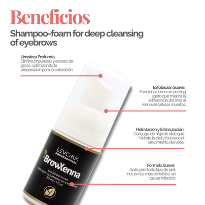 Frasco de BrowXenna Shampoo‑Foam, espuma limpiadora profunda para cejas y pestañas, ideal para pretratamiento antes de tintado y laminación.
