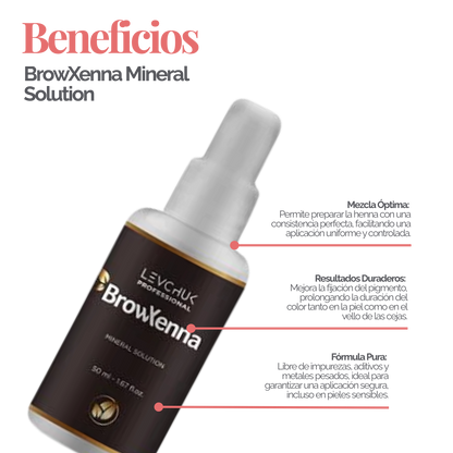 Mineral solution for henna mixing 50 ml, BrowXenna
activador profesional y puro, formulado para mezclar con henna de cejas, que potencia la pigmentación y duración sin impurezas.