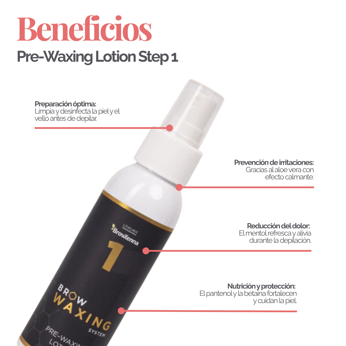 Frasco de BrowXenna Pre‑Waxing Lotion #1 (100 ml), loción preparadora profesional con aloe y mentol, idéntica al primer paso en el protocolo SPA para depilación de cejas.