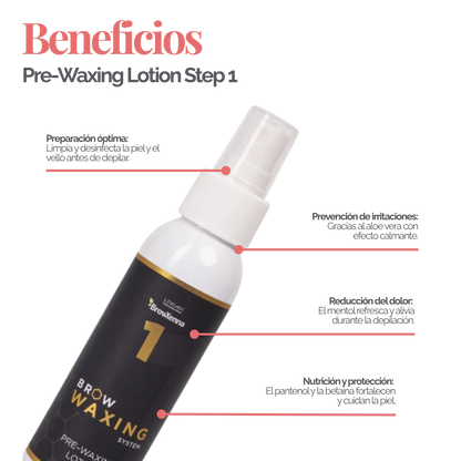 Frasco de BrowXenna Pre‑Waxing Lotion #1 (100 ml), loción preparadora profesional con aloe y mentol, idéntica al primer paso en el protocolo SPA para depilación de cejas.