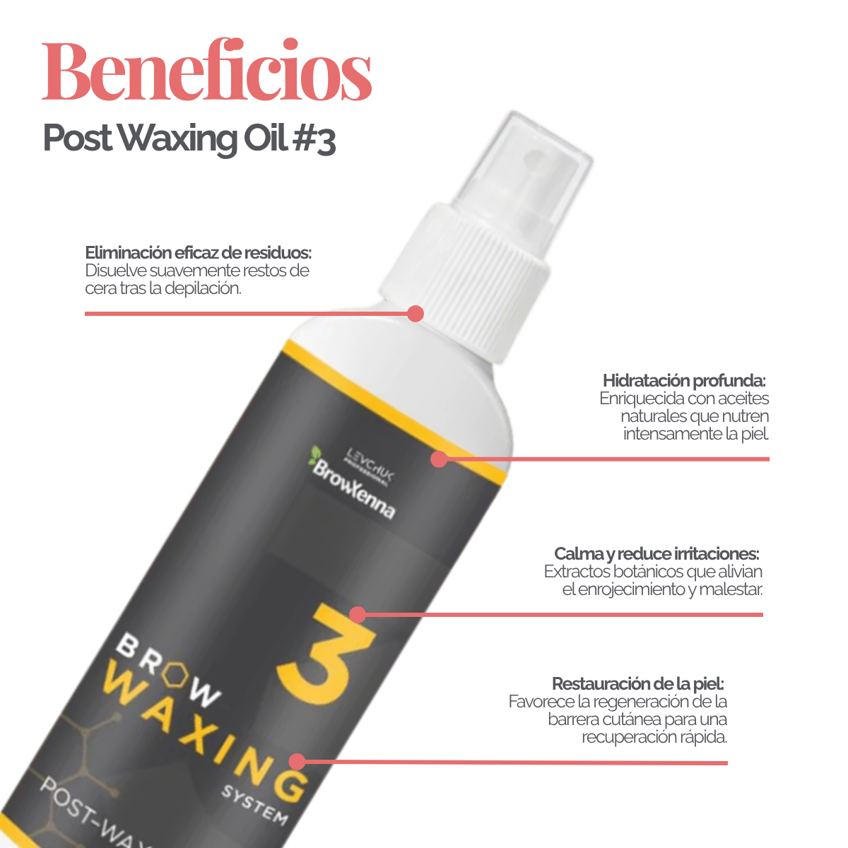 Frasco de aceite BrowXenna Post‑Waxing Oil #3 (100 ml), aceite post-depilación con lavanda, coco y mentol para hidratar, refrescar y limpiar la piel tras depilación de cejas.