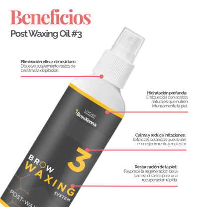 Frasco de aceite BrowXenna Post‑Waxing Oil #3 (100 ml), aceite post-depilación con lavanda, coco y mentol para hidratar, refrescar y limpiar la piel tras depilación de cejas.