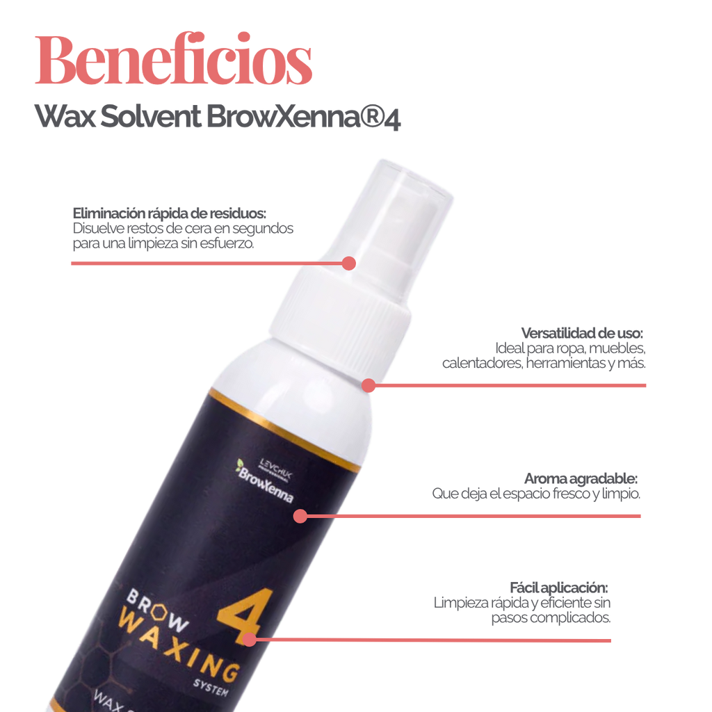 Frasco de 100 ml de solvente BrowXenna Wax Solvent #4, solución rápida para eliminar residuos de cera sólida tras la depilación, ideal para acabados impecables en estudios profesionales.
