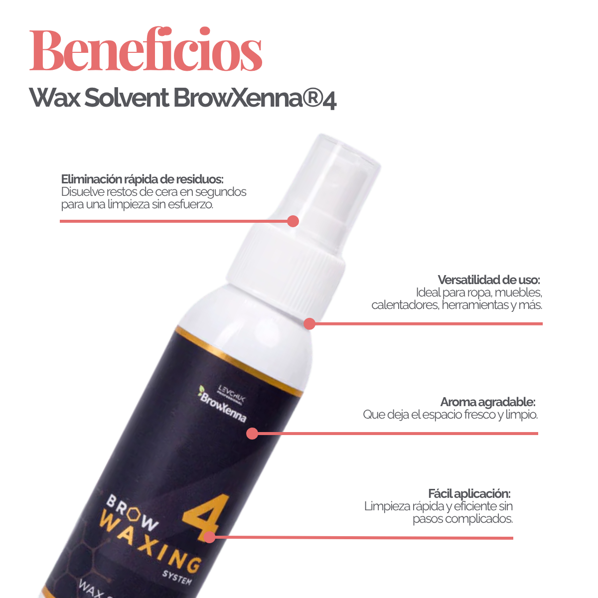 Frasco de 100 ml de solvente BrowXenna Wax Solvent #4, solución rápida para eliminar residuos de cera sólida tras la depilación, ideal para acabados impecables en estudios profesionales.