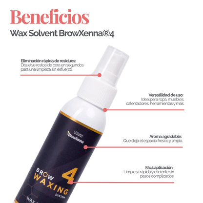 Frasco de 100 ml de solvente BrowXenna Wax Solvent #4, solución rápida para eliminar residuos de cera sólida tras la depilación, ideal para acabados impecables en estudios profesionales.