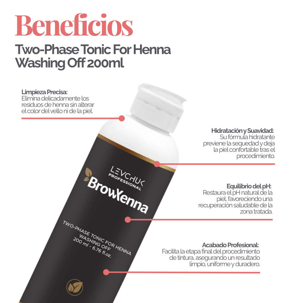 Two Phase Tonic BrowXenna 200 ml-solución bifásica profesional para eliminar henna y tintes de cejas de forma efectiva, suave e hidratante, ideal para preparaciones y correcciones en cabina.