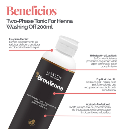Two Phase Tonic BrowXenna 200 ml-solución bifásica profesional para eliminar henna y tintes de cejas de forma efectiva, suave e hidratante, ideal para preparaciones y correcciones en cabina.