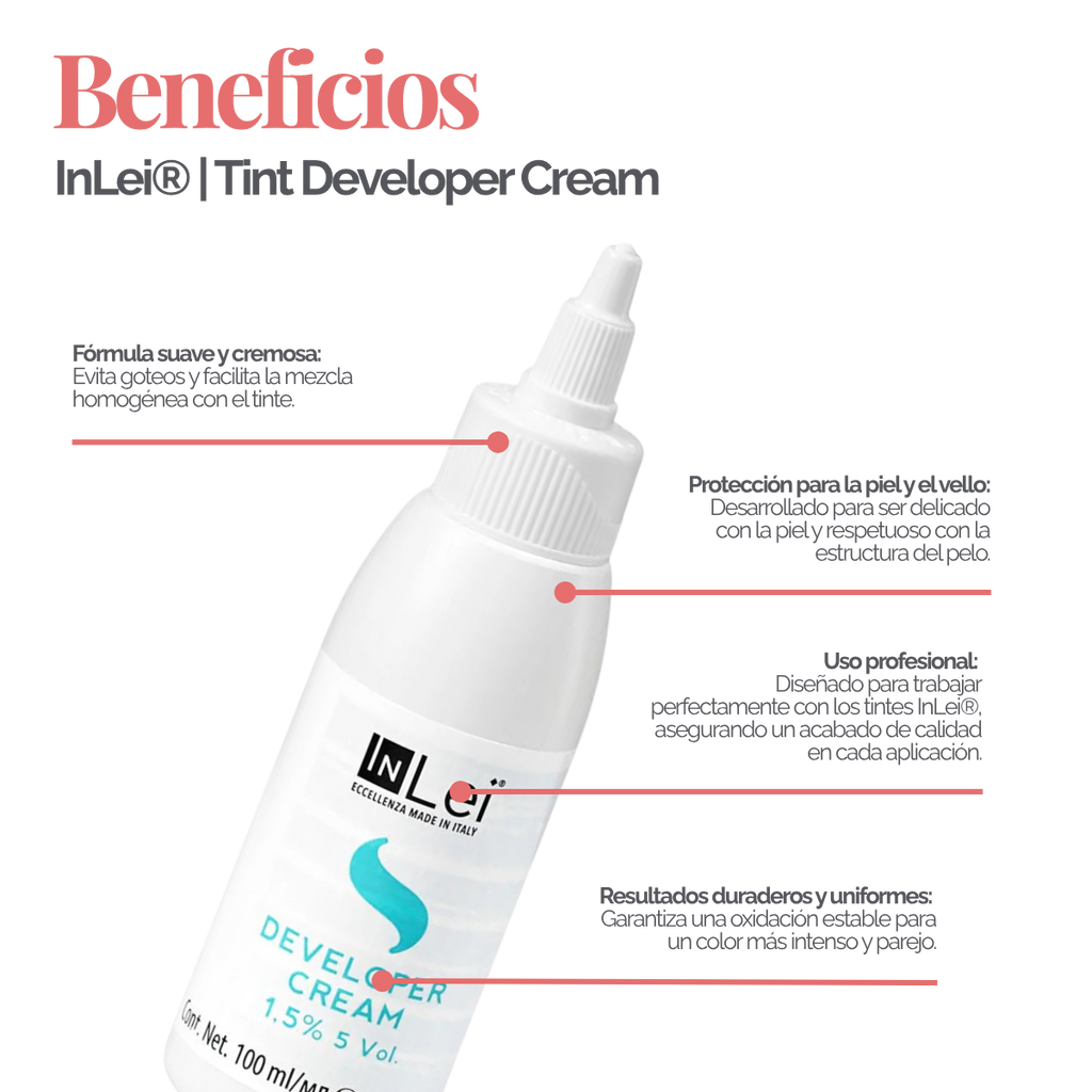 Botella de 100 ml de InLei Developer Cream 1.5 % 5 VOL, activador en crema para tintes de cejas y pestañas, hecho en Italia, envase elegante