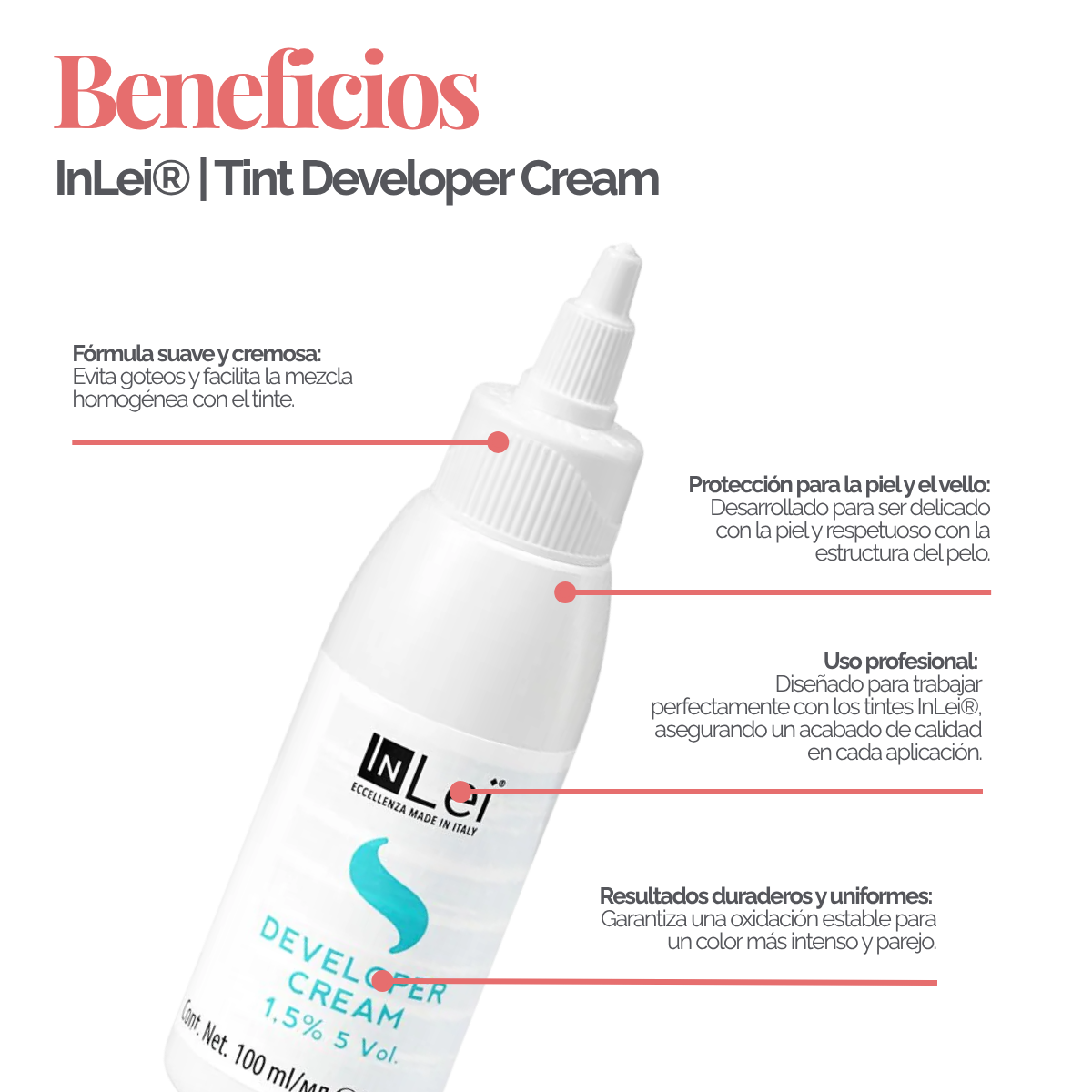 Botella de 100 ml de InLei Developer Cream 1.5 % 5 VOL, activador en crema para tintes de cejas y pestañas, hecho en Italia, envase elegante