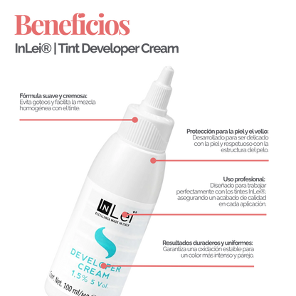 Botella de 100 ml de InLei Developer Cream 1.5 % 5 VOL, activador en crema para tintes de cejas y pestañas, hecho en Italia, envase elegante