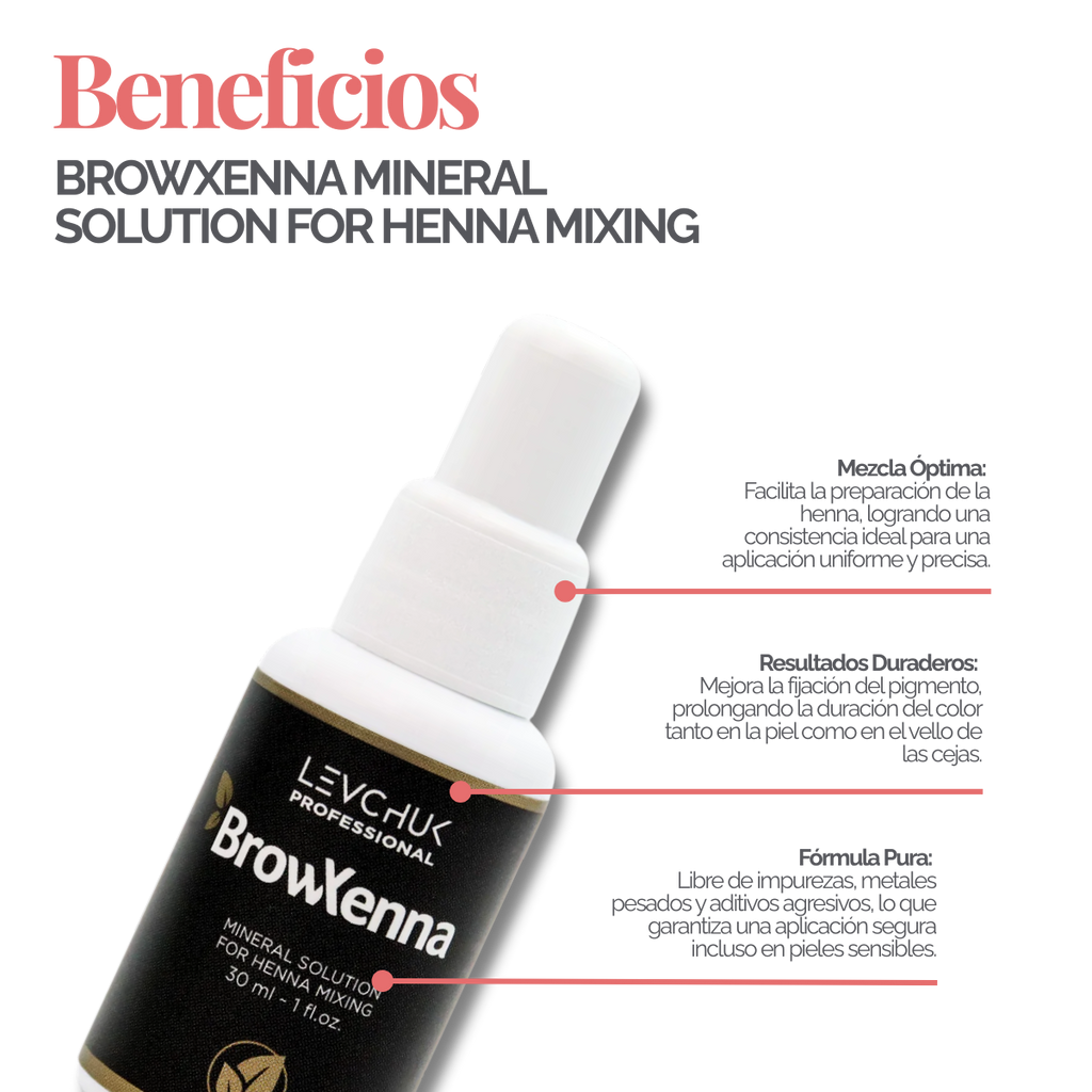 Mineral solution for henna mixing 30 ml, BrowXenna
activador profesional y puro, formulado para mezclar con henna de cejas, que potencia la pigmentación y duración sin impurezas.
