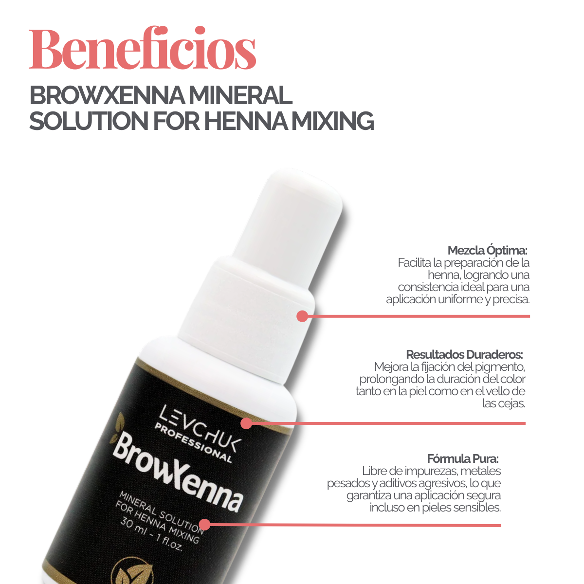 Mineral solution for henna mixing 30 ml, BrowXenna
activador profesional y puro, formulado para mezclar con henna de cejas, que potencia la pigmentación y duración sin impurezas.