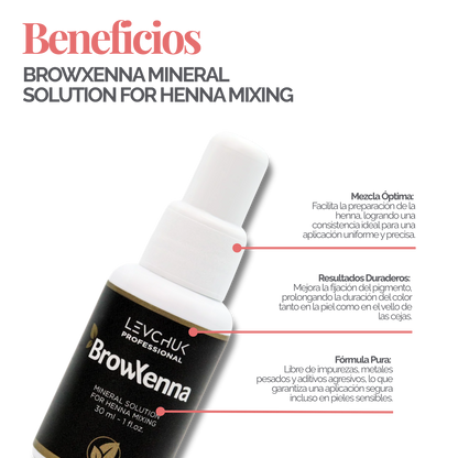 Mineral solution for henna mixing 30 ml, BrowXenna
activador profesional y puro, formulado para mezclar con henna de cejas, que potencia la pigmentación y duración sin impurezas.