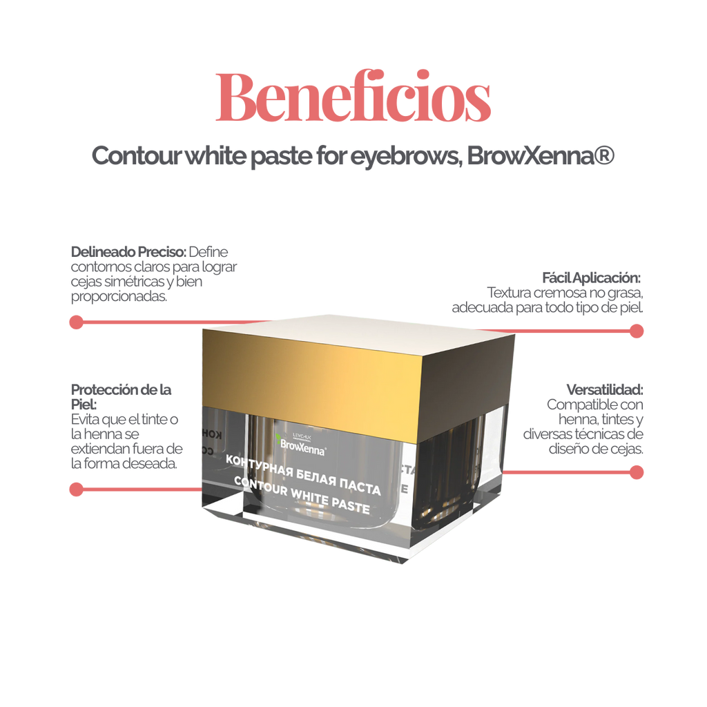 Envase de pasta blanca BrowXenna Contour White Paste 10 g, pasta cremosa para definir contornos de cejas y lograr simetría y precisión en tratamientos profesionales de coloración y laminación