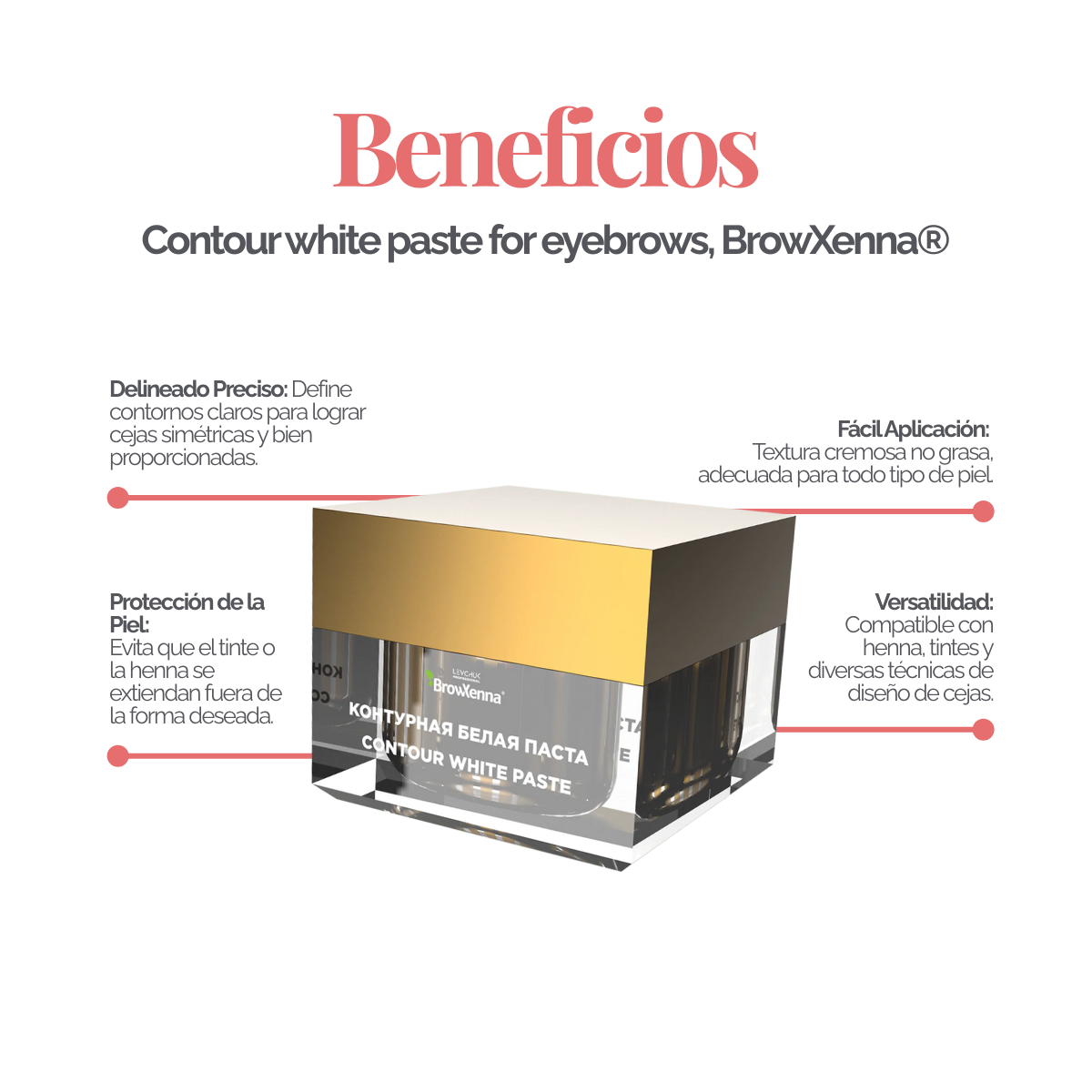 Envase de pasta blanca BrowXenna Contour White Paste 10 g, pasta cremosa para definir contornos de cejas y lograr simetría y precisión en tratamientos profesionales de coloración y laminación