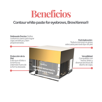 Envase de pasta blanca BrowXenna Contour White Paste 10 g, pasta cremosa para definir contornos de cejas y lograr simetría y precisión en tratamientos profesionales de coloración y laminación