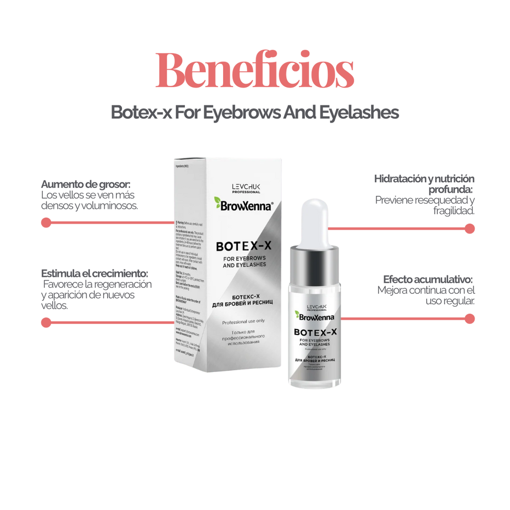 Frasco de 10 ml de BrowXenna Botex‑X, concentrado reparador con ceramidas para cejas y pestañas, restaura densidad, brillo y vitalidad tras tratamientos agresivos.