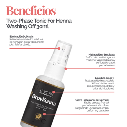 Two Phase Tonic BrowXenna 30 ml-solución bifásica profesional para eliminar henna y tintes de cejas de forma efectiva, suave e hidratante, ideal para preparaciones y correcciones en cabina.