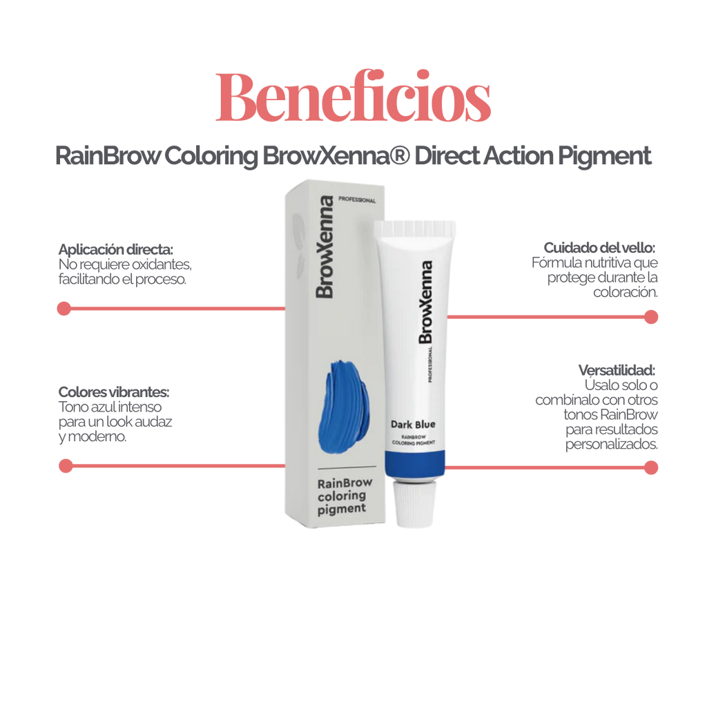 Frasco de 30 ml de Pigmento Directo BrowXenna RainBrow para cejas – fórmula sin oxidante, con textura cremosa y tonos vibrantes para tintado preciso.
