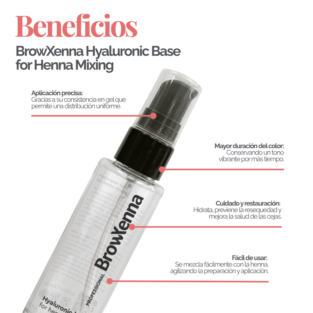 Envase de BrowXenna Hyaluronic Base 50 ml en gel, ideal para mezclar con henna profesional y lograr una aplicación uniforme, hidratante y de larga duración en tratamientos de cejas.