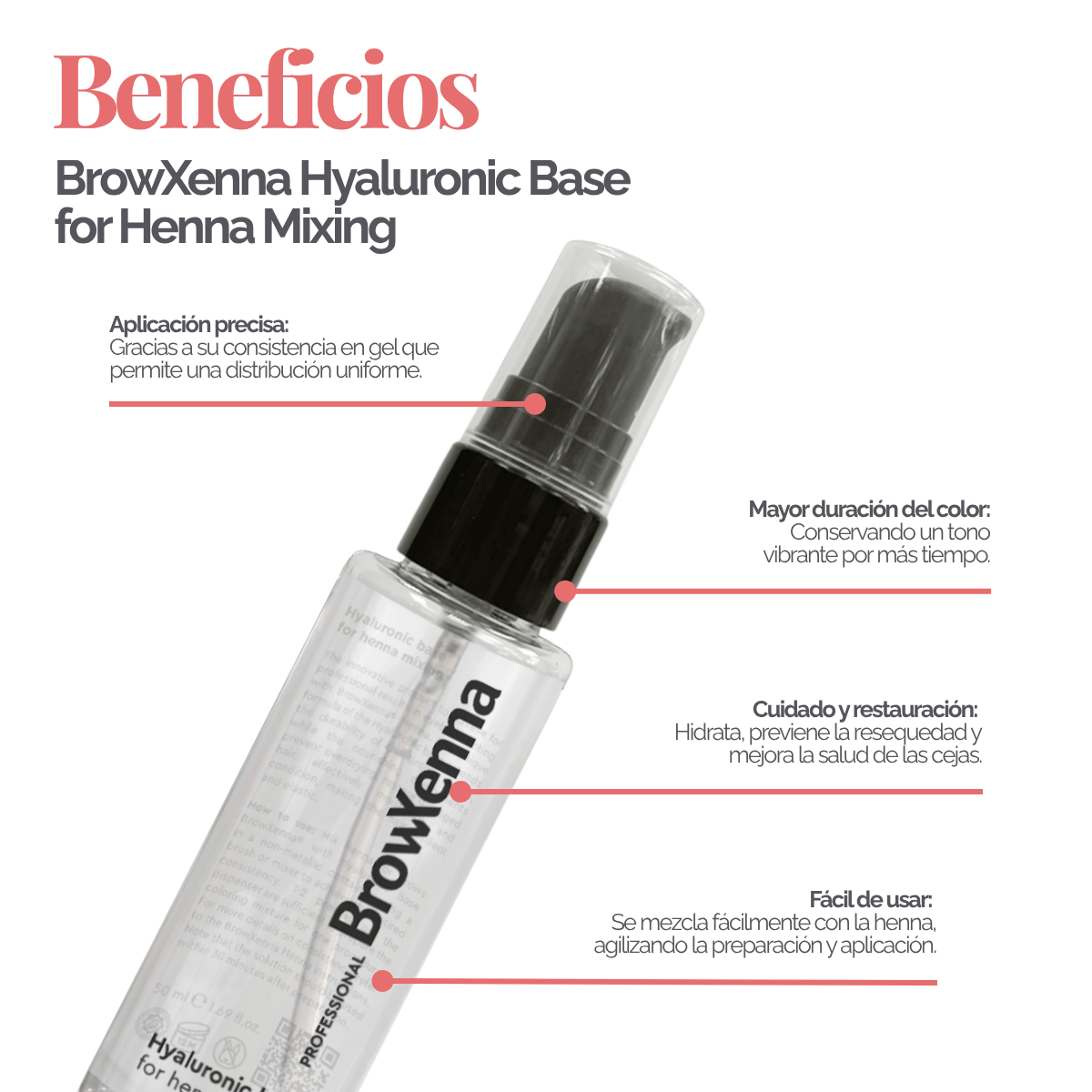 Envase de BrowXenna Hyaluronic Base 50 ml en gel, ideal para mezclar con henna profesional y lograr una aplicación uniforme, hidratante y de larga duración en tratamientos de cejas.