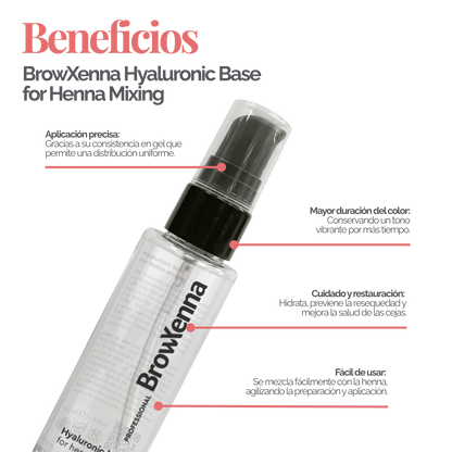 Envase de BrowXenna Hyaluronic Base 50 ml en gel, ideal para mezclar con henna profesional y lograr una aplicación uniforme, hidratante y de larga duración en tratamientos de cejas.
