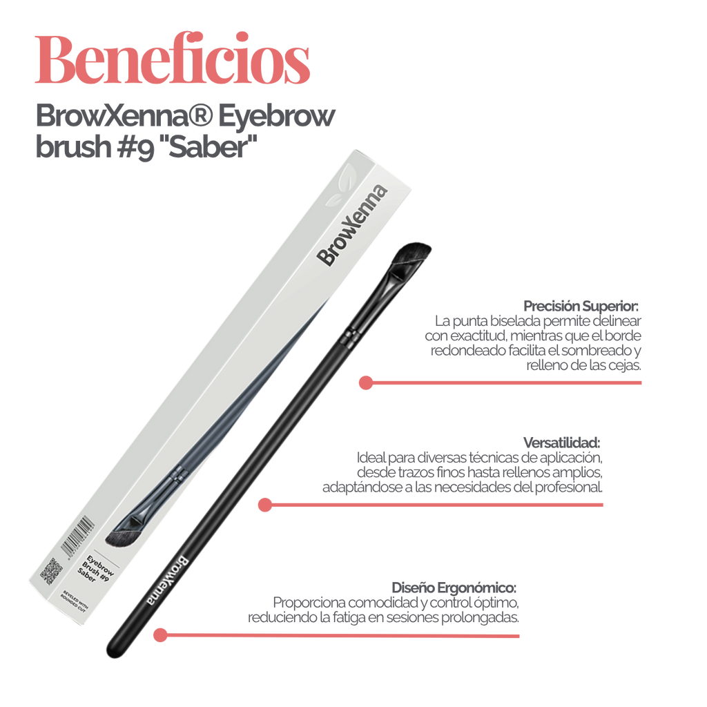 Eyebrow brush #9 "Saber" BrowXenna® 
cerdas ultra finas y mango ergonómico diseñados para aplicación precisa de henna y maquillaje en cejas para técnicos de belleza exigentes.
