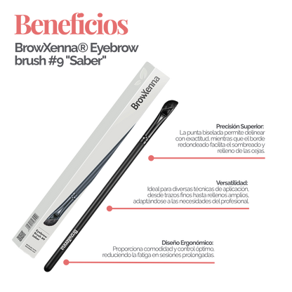 Eyebrow brush #9 "Saber" BrowXenna® 
cerdas ultra finas y mango ergonómico diseñados para aplicación precisa de henna y maquillaje en cejas para técnicos de belleza exigentes.