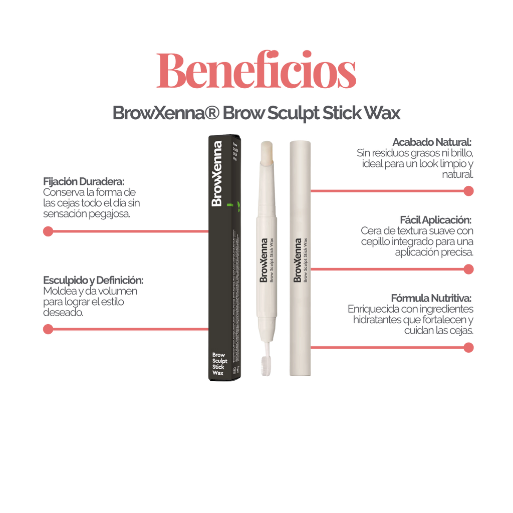 Cera Fijadora en Barra BrowXenna® con cepillo integrado aplicando fijación natural profesional en cejas